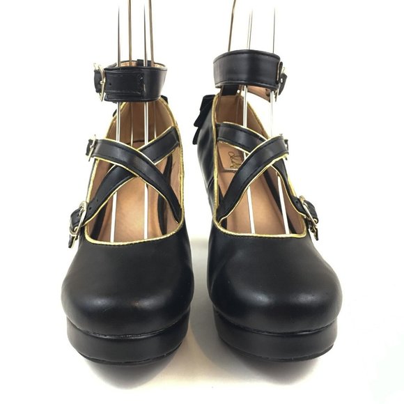 Black Lolita Liz Lisa Deary Unique Table Leg Heels Criss Cross Buckles size 40 - Picture 8 of 16